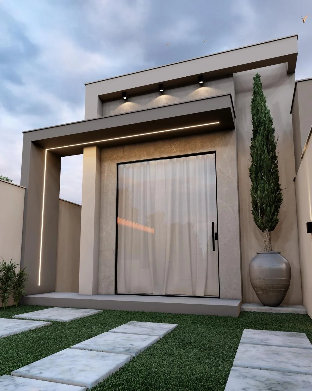Fachada com porta pivotante de vidro, cortina clara e iluminação linear em LED